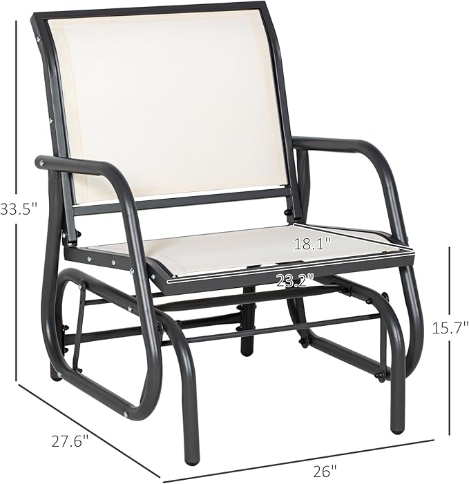 Outsunny Porch Glider, Metal Frame Swing Glider Chair with Breathable Mesh Fabric, Curved Armrests and Steel Frame for Garden, Poolside, Backyard, Balcony, Cream White