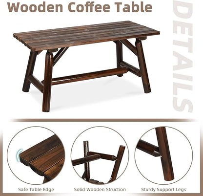 2-Piece Wooden Wagon Wheel Bench Set with Coffee Table, 2-Person Rustic Wood Garden Bench W/Wagon Wheel Armrests & Slatted Backrest, Outdoor Patio Loveseat Furniture Set for Lawn Yard Park