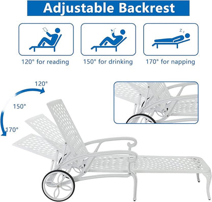 Outvita Lounge Chairs for Outside, Patio Cast Aluminum Recliner with Adjustable Back and Rolling Wheels for Backyard Porch Pool Balcony Deck (White)