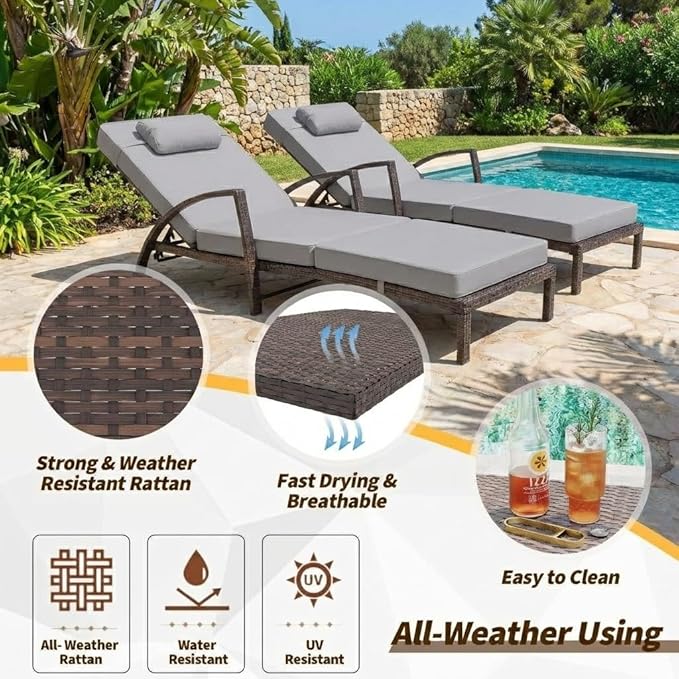 GarveeLife Outdoor Wicker Chaise Lounge Chair with Cushion, Metal Frame Patio Reclining Lounge Bed - Photo 7