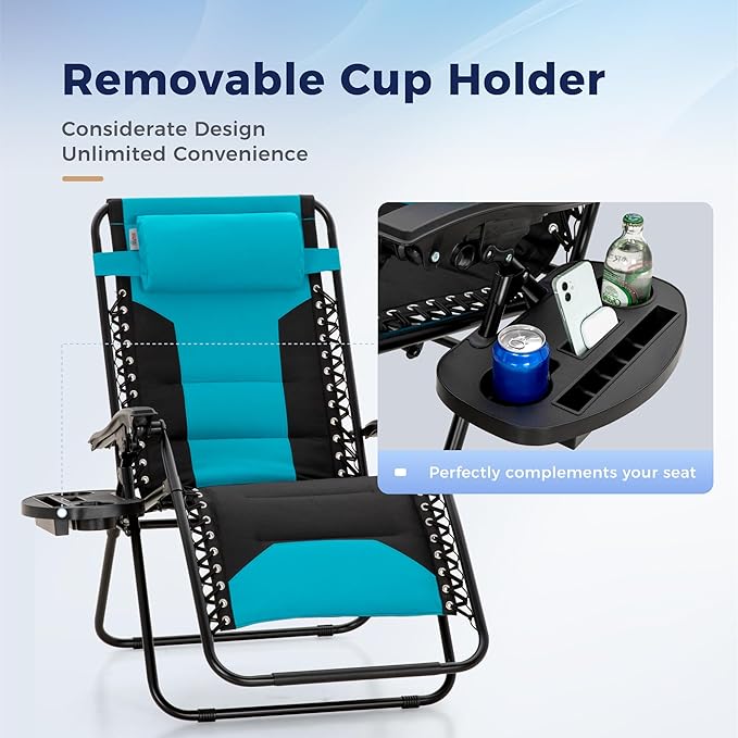 MAISON ARTS Oversized Zero Gravity Chairs Set of 2, Folding Padded Recliner Anti Gravity Lounge Chair with 28" Wide Seat and Cup Holder, Support 400lbs, Aqua