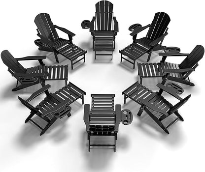 Adjustable Adirondack Chair with Retractable Ottoman Set of 8, HDPE Folding Adirondack Chair with Cup Holder, All Weather Fire Pit Chair for Outdoor.