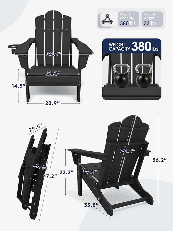 KINGYES Adjustable Folding Adirondack Chair Set of 4, 3-Position Reclining Adirondack Chairs with Cup Holder - Photo 3
