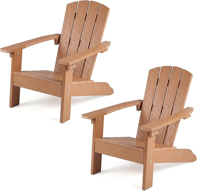 KOTEK Kids Adirondack Chair Set of 2, Plastic Toddler Lawn Chair with Ergonomic Seat, Wood-Grain Texture, Easy to Assemble, All-Weather Outdoor Kids Chairs for Patio, Garden, Backyard (Teak)