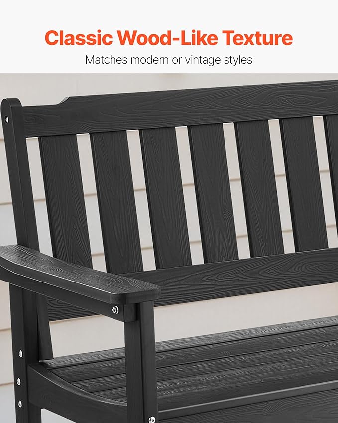 VEVOR Outdoor Bench, 50.5 inch, 800 lbs Weight Capacity for 2-3 Persons, Weatherproof Plastic Frame with Backrest and Wide Armrests, Outside Bench for Patio, Garden, Park, Yard, Front Porch, Black