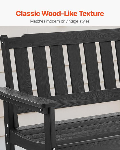 VEVOR Outdoor Bench, 50.5 inch, 800 lbs Weight Capacity for 2-3 Persons, Weatherproof Plastic Frame with Backrest and Wide Armrests, Outside Bench for Patio, Garden, Park, Yard, Front Porch, Black