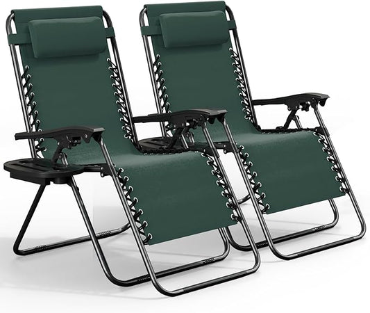 Nestl Zero Gravity Chairs Set of 2, Patio Lounge Chair Outdoor with Pillows & Cup Holder Trays, Adjustable Steel Mesh Reclining Camping Chair, Folding Patio Lawn Chair for Deck, Beach - Forest Green