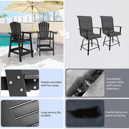 FUNBERRY Tall Adirondack Chairs Set of 2 with Removable Connecting Table, All Weather High Top Balcony Chair with Cup Holders