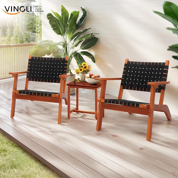 VINGLI Outdoor Armchair, All-Weather Wooden Patio Chair with Waterproof PE Woven Fabric, Adirondack Chair for Garden, Lawn and Poolside (2, Black and Brown)