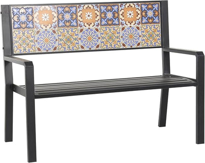 Deco 79 Metal Patio Outdoor Bench Mosaic Floral and Scroll Patio Bench with Orange and Blue Patterns, Bench 47" x 22" x 36", Black