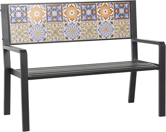 Deco 79 Metal Patio Outdoor Bench Mosaic Floral and Scroll Patio Bench with Orange and Blue Patterns, Bench 47" x 22" x 36", Black