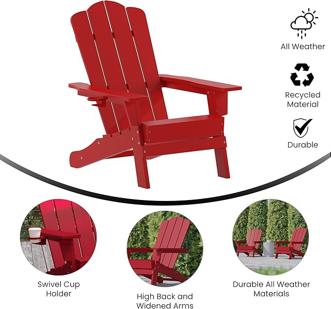 Flash Furniture Newport Adirondack Chair with Cup Holder, Weather Resistant Poly Resin Adirondack Chair, Red - Photo 4