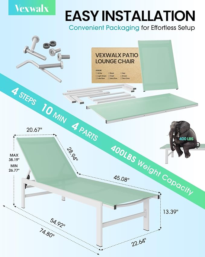 Outdoor Lounge Chairs Set of 2, Aluminum Patio Chaise Lounge Chairs with 5-Position Recliner - Photo 3