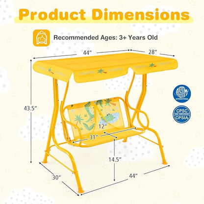 Costzon Kids Porch Swing, All-Weather Patio Swing Bench Hammock w/Adjustable Canopy & Safety Belts for 2 Children, Outdoor Swing for Backyard Garden Balcony Poolside (Yellow, Alligator)