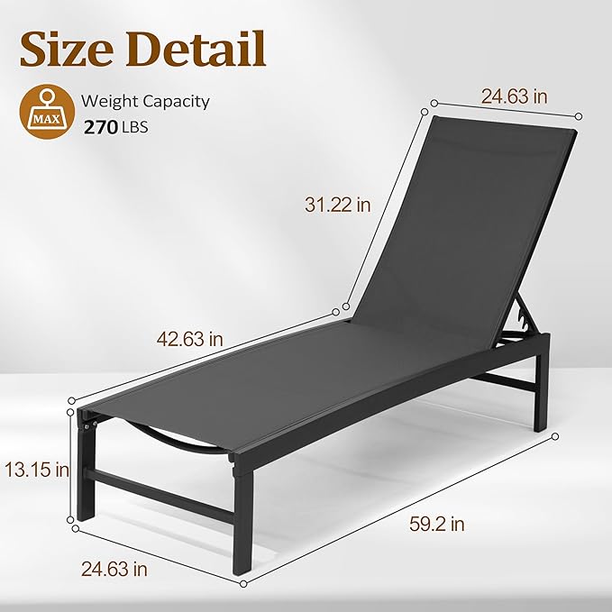 Patio Aluminum Chaise Lounge Chair, Set of 2 Outdoor Recliner Lounge Chair Sun Loungers, All Weather Chaise with 5 Adjustable Backrest and Lay Flat Positions for Garden, Balcony, Pool, Black