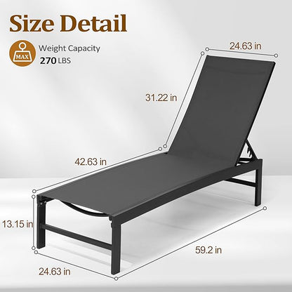 Chaise Lounge Chair, Set of 6 Outdoor Recliner Lounge Chair Sun Loungers, All Weather Chaise with 5 Adjustable Backrest and Lay Flat Positions for Garden, Balcony, Pool, Black