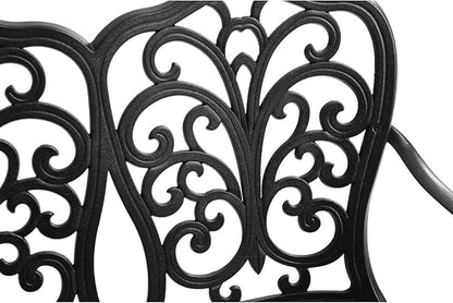Patio Garden Bench Metal Park Cast Aluminum Outdoor Furniture with Floral Rose for Patio,Park,Lawn,Yard Black Aluminium Ready