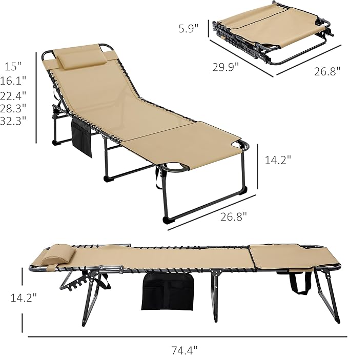 Folding Chaise Lounge Chair,5-Level Adjustable Reclining Back with Reading Face Hole, Outdoor Sun Tanning Chair for - Photo 3