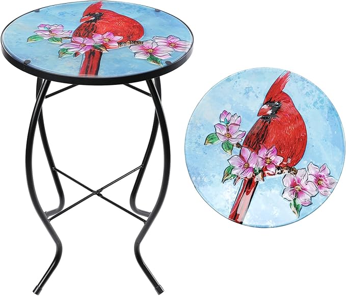 VCUTEKA Patio Side Table Outdoor Accent Table Bistro Coffee Table Plant End Table Small Porch Table Indoor Round Glass Balcony Plant Table Stands Cardinal 14''