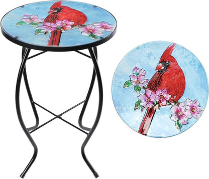 VCUTEKA Patio Side Table Outdoor Accent Table Bistro Coffee Table Plant End Table Small Porch Table Indoor Round Glass Balcony Plant Table Stands Cardinal 14''