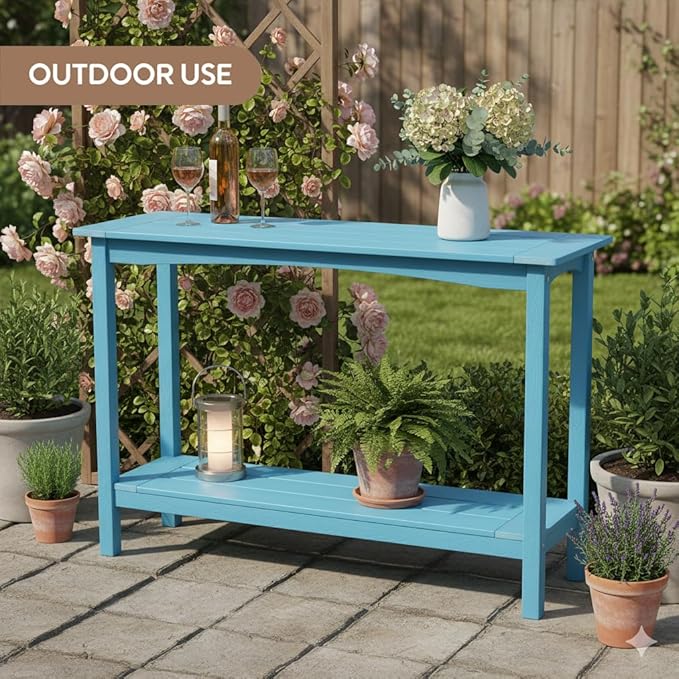Weatherproof HIPS Outdoor Console Table, 48'' 2-Shelf SideTable Indoor/Outdoor Use, Multifunctional Buffet Table Bar Storage Organizer for Entryway,Yard, Outside Plant Stand Table, Blue