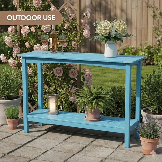 Weatherproof HIPS Outdoor Console Table, 48'' 2-Shelf SideTable Indoor/Outdoor Use, Multifunctional Buffet Table Bar Storage Organizer for Entryway,Yard, Outside Plant Stand Table, Blue