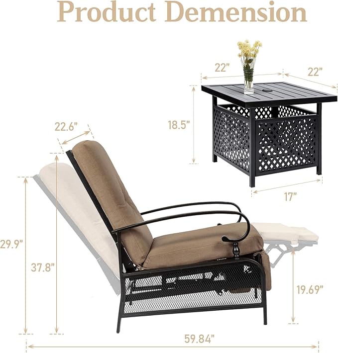 SUNCROWN Outdoor Recliner Chairs Patio Adjustable Relaxing Chair Outdoor Metal Furniture Chair with Thick Cushion and Sky Blue 9Ft Umbrella(Brown)