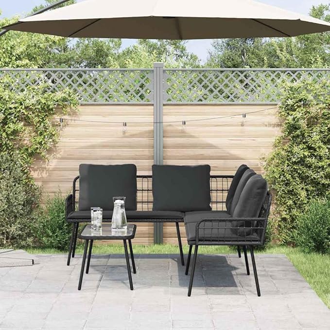 3-Seat L-Shape Outdoor Sofa, Gray PE Rattan Patio Couch with Bench Cushion, 90.9 x 68.1 inch Metal Frame, Modern Low-Profile Design for Garden, Deck, Balcony