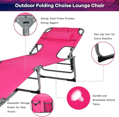 GYMAX Tanning Chair, Folding Beach Lounger with Face Arm Hole, Adjustable Backrest, Side Pocket, Pillow & Carry Handle, Outside Sunbathing Lounge Chair for Patio, Poolside, Lawn (1, Pink)