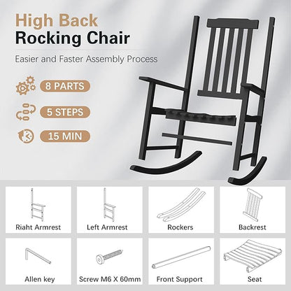Greesum Outdoor Rocking Chair, Acacia High Back Oversized All-Weather Lounge Rocker with 320 lbs of Support for Patio, Garden, Deck, Porch,Black