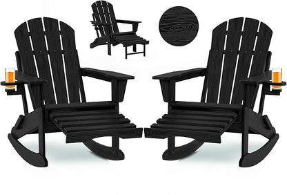 Folding Adirondack Rocking Chair Set of 2,4-in-1 Multifunctional Patio Chairs with Retractable Ottoman, Outdoor Chairs Wood Texture, Lawn Chair for Porch, Backyard, Pool(Black)