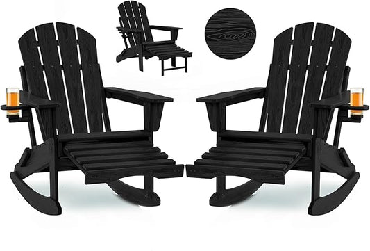 Folding Adirondack Rocking Chair Set of 2,4-in-1 Multifunctional Patio Chairs with Retractable Ottoman, Outdoor Chairs Wood Texture, Lawn Chair for Porch, Backyard, Pool(Black)