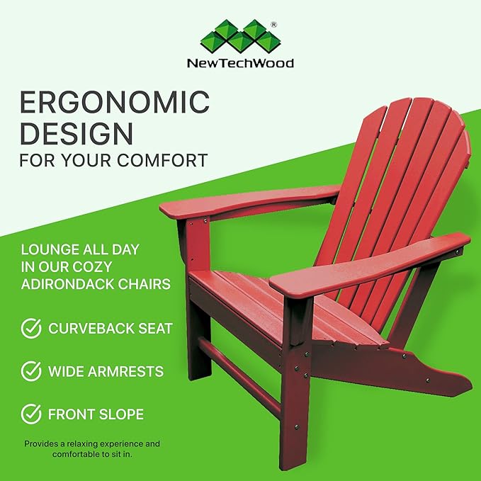NewTechWood Atlantic Classic Curveback Plastic Weather Resistant Patio Adirondack Chair, Easy Installation, Widely Used in Outdoor, Fire Pit, Deck, Lawn, Outside, Garden Chairs (Ruby Red)