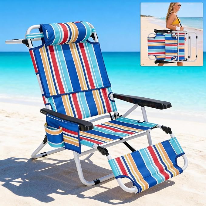 MOPHOTO Oversized Beach Lounge Chair, 5-Position Adjustable Tanning Chair with Face Hole, Heavy Duty Folding Chaise Lounge for Beach, Pool, Patio & Sunbathing
