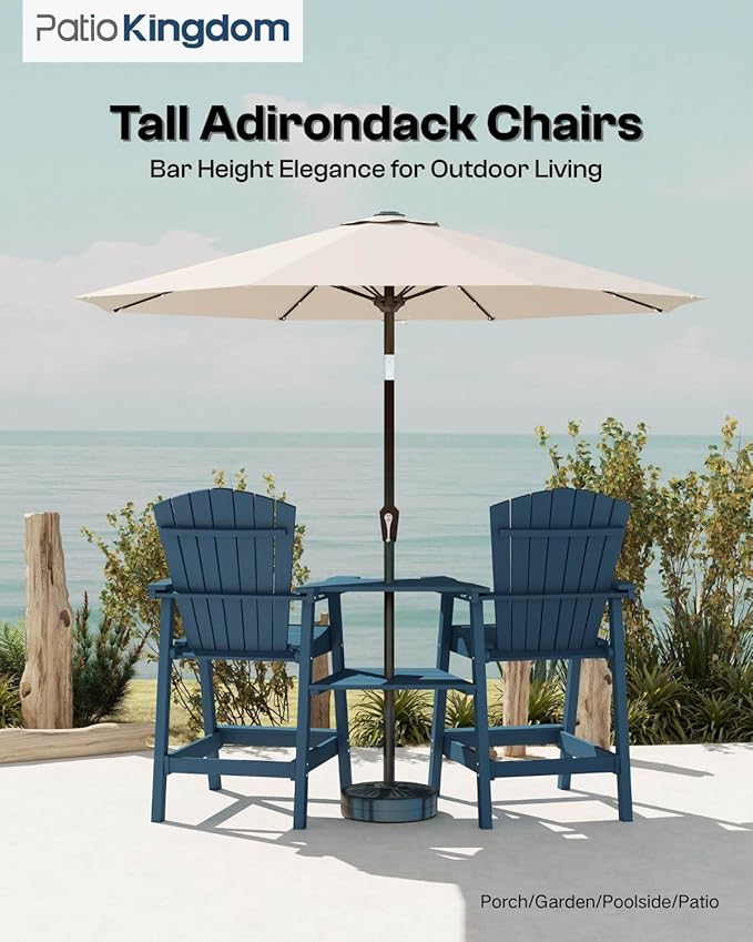 Navy Blue HDPE Tall Adirondack Chair Set of 2 with Beige 9FT Patio Umbrella, All-Weather Outdoor Bar Height Chairs with Trays & Umbrella Hole for Garden, Balcony, Lawn