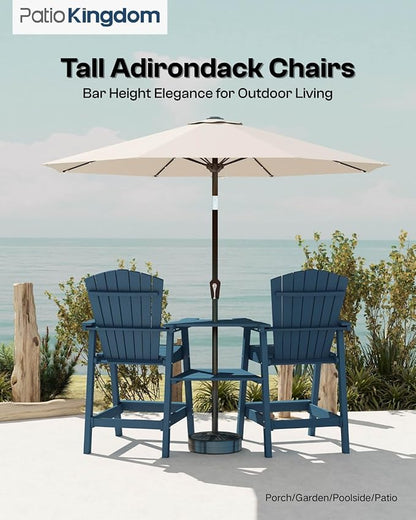 Navy Blue HDPE Tall Adirondack Chair Set of 2 with Beige 9FT Patio Umbrella, All-Weather Outdoor Bar Height Chairs with Trays & Umbrella Hole for Garden, Balcony, Lawn