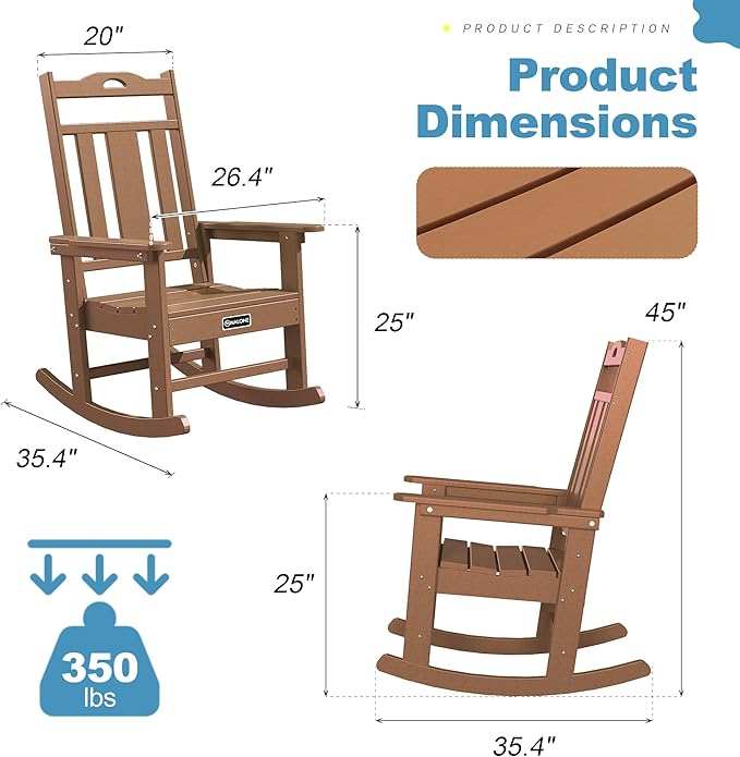 nalone Outdoor Rocking Chairs Set of 2, Oversized Porch Rocker Chair for Adult, All-Weather Resistant Patio Rocking Chair for Garden Lawn(Teak)