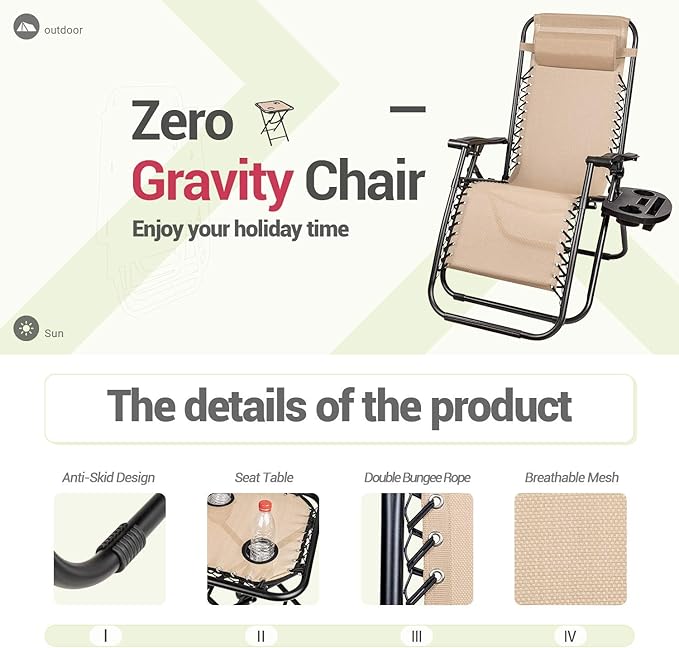 Homall 3 Pcs Zero Gravity Chair Patio Folding Recliner Outdoor Chaise Lounge Chairs Portable Reclining Chair Set with - Photo 3