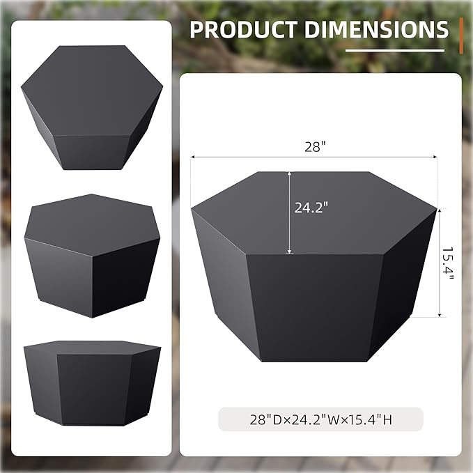 UPHA 28" Hexagon Outdoor Coffee Table, Modern Hollow Concrete Patio Table, Small Minimalist Low Accent Table for Living Room, Balcony, Deck, Backyard, Dark Gray