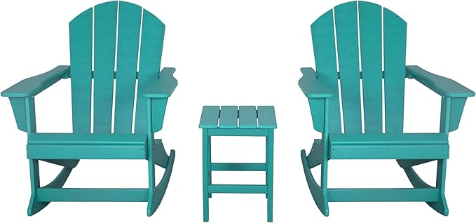WO WESTIN OUTDOOR HDPE Laguna Outdoor Rocking Poly Adirondack Chair with Side Table 3-Piece Set, Turquoise