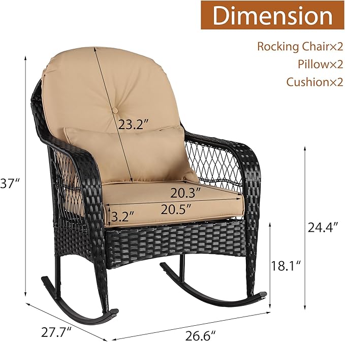 Outdoor Wicker Rocking Chair, 2 Piece PE Rattan Rocker Set with Cushion & Pillow, Outdoor Rocking Furniture for Garden, Porch, Backyard, Poolside (Black Rattan+Khaki Cushion)