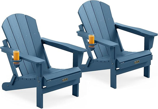 SERWALL Folding Adirondack Chair with Cup Holder Set of 2, All Weather Adirondack Chairs, Wooden Textured Fire Pit Chairs for Patio Garden Outdoors Fire Pit - Blue