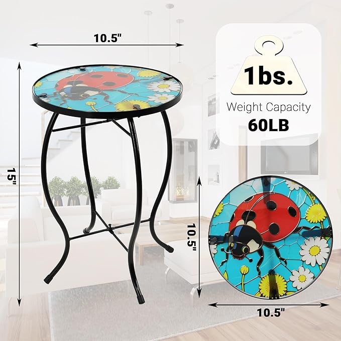 Small Side Table with Metal Frame, 10.5" Round Side Tables with Seven-Spotted Ladybug Pattern, Outdoor Table for Balcony - Photo 2