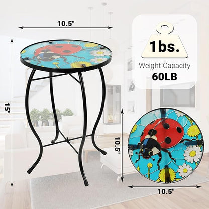 Small Side Table with Metal Frame, 10.5" Round Side Tables with Seven-Spotted Ladybug Pattern,Outdoor Table for Balcony,Terrace,Garden,Living Room