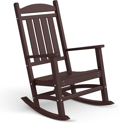 Costaelm Oversized Outdoor Rocking Chair, High Back Porch Rocker Chair, HDPE All Weather Resistant Outdoor Seating Furniture Wide Rocker Chair for Patio, Lawn, Garden, Dark Brown