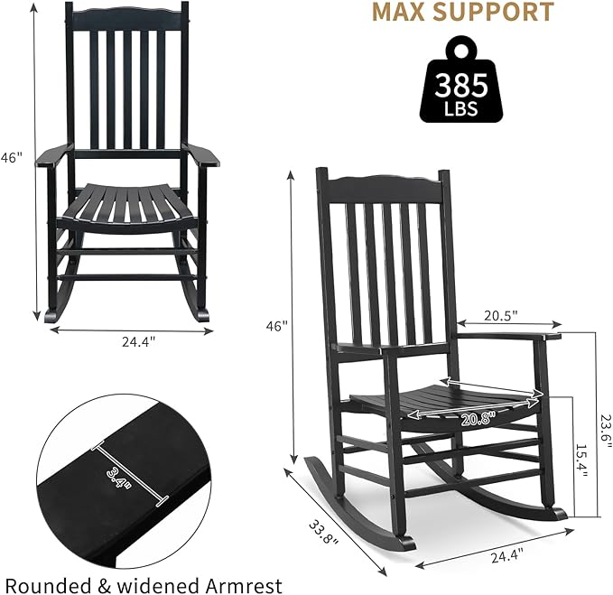 Traditional Style Wood Rocking Chair for Outdoor Living Spaces, Smooth Rocking Motion with Sturdy Wood Base, Patio Chair for Porch Deck Garden, Load 385 LBS, 24.4"W x 33.9"D x 46.1"H, Black