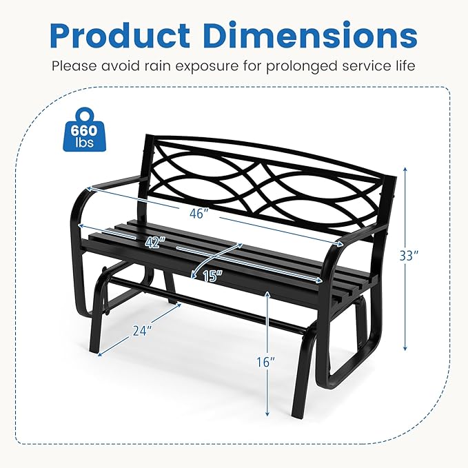 Tangkula 2-Person Outdoor Glider Bench, Patio Rocking Loveseat Chair with Metal Frame, Armrests - Photo 3