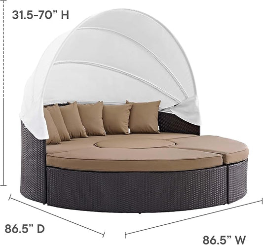 Modway Convene Wicker Rattan Outdoor Patio Retractable Canopy Round Poolside Sectional Sofa Daybed with Cushions in Espresso Mocha