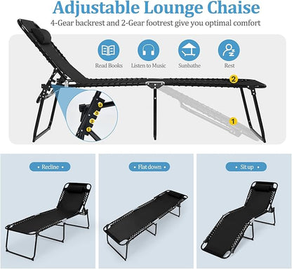 GYMAX Lounge Chairs for Outside, Extra High Folding Beach Tanning Lounger with 4-Level Adjustable Backrest, 2-Level Footrest & Removable Pillow, Sunbathing Lounge for Patio, Lawn, Poolside (1, Black)