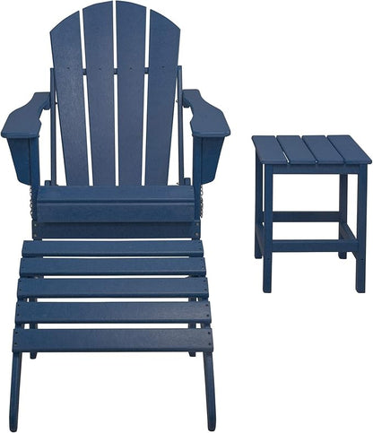 WestinTrends Malibu Outdoor Lounge Chairs, 3-Pieces Adirondack Chair Set with Ottoman and Side Table, All Weather Poly Lumber Patio Lawn Folding Chair for Outside Pool Garden Backyard, Navy Blue